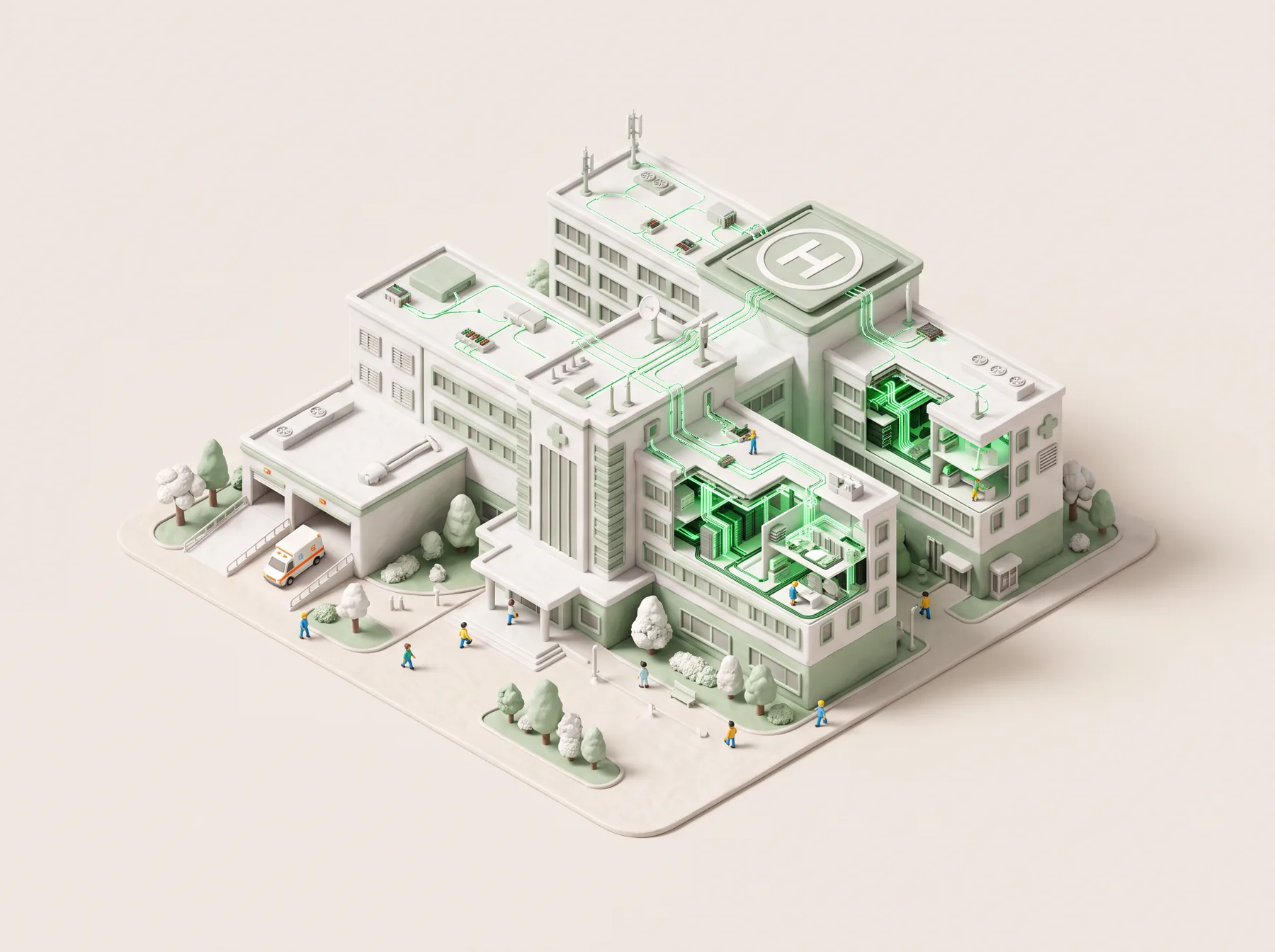 Isometrisches Modell einer Klinik mit mehreren Flügeln, Hubschrauberlandeplatz und grün leuchtenden Netzwerklinien über den Dächern.