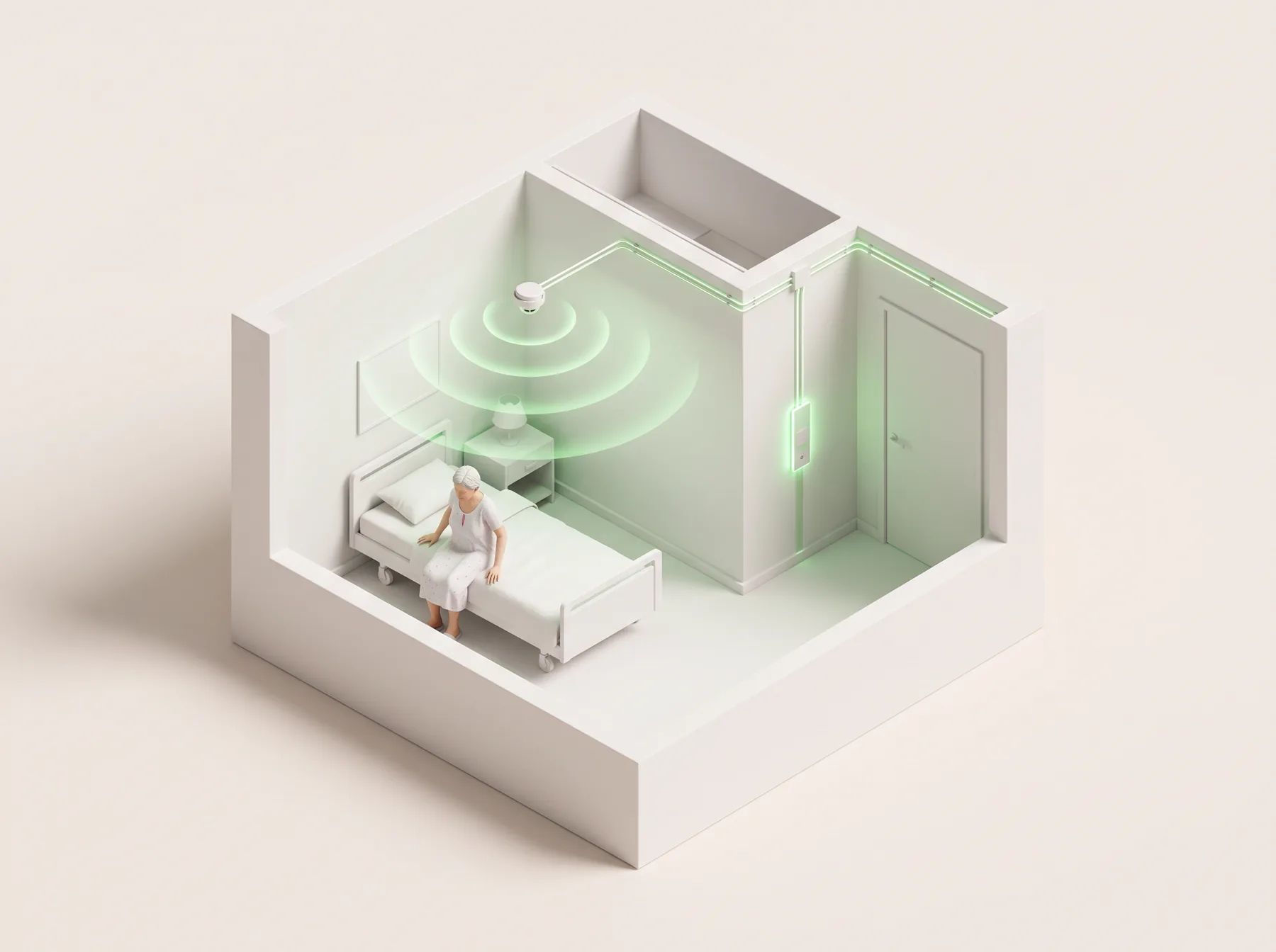 Isometrischer Blick in ein Pflegezimmer: eine Bewohnerin setzt sich an die Bettkante, an der Decke sendet ein Sensor grüne Erkennungswellen aus.