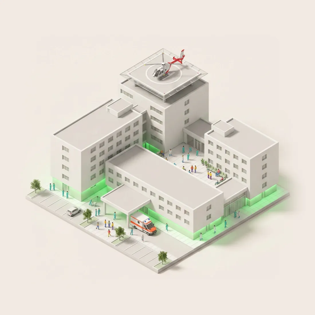 Isometrisches Modell eines Klinikkomplexes aus mehreren mehrstöckigen Bauten mit Flachdach, Hubschrauberlandeplatz mit Rettungshubschrauber auf dem höchsten Dach, Rettungswagen an der Notaufnahme und einem grünen Lichtsaum unter dem Fundament