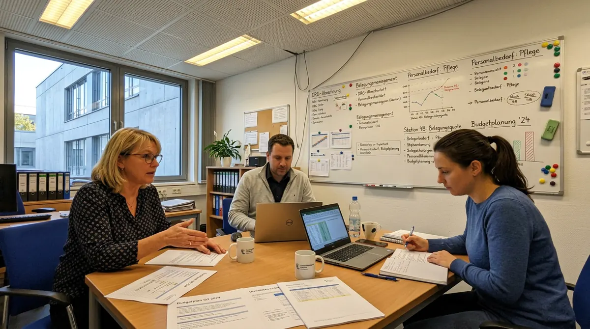 Besprechung in einem Klinikbüro, drei Personen mit ausgedruckten Unterlagen und Laptop an einem Tisch.