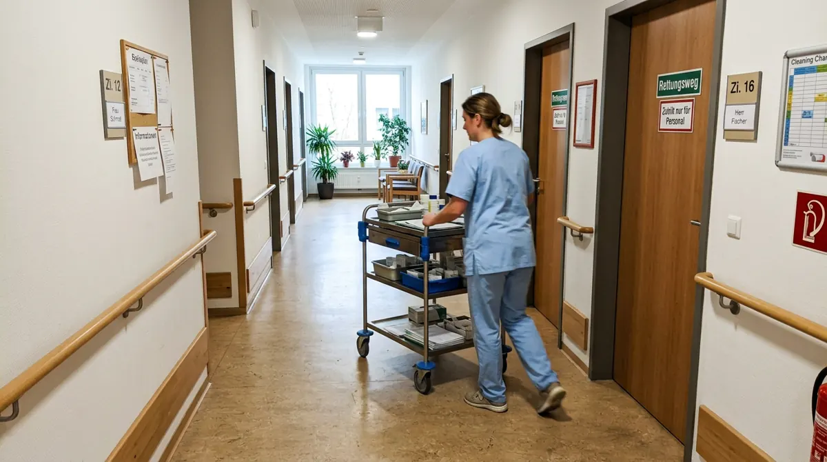 Flur in einem Pflegehaus, eine Pflegekraft schiebt einen Medikamentenwagen an den Zimmertüren vorbei.